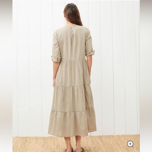 New Jenni Kayne James Tiered A-Line Dress 3/4 Sleeve Moss Green Large Linen - Picture 5 of 16